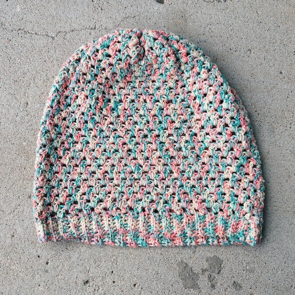 Accessories - Handmade Crochet Silk Slouchy Beanie in Teal, Coral, and Ivory